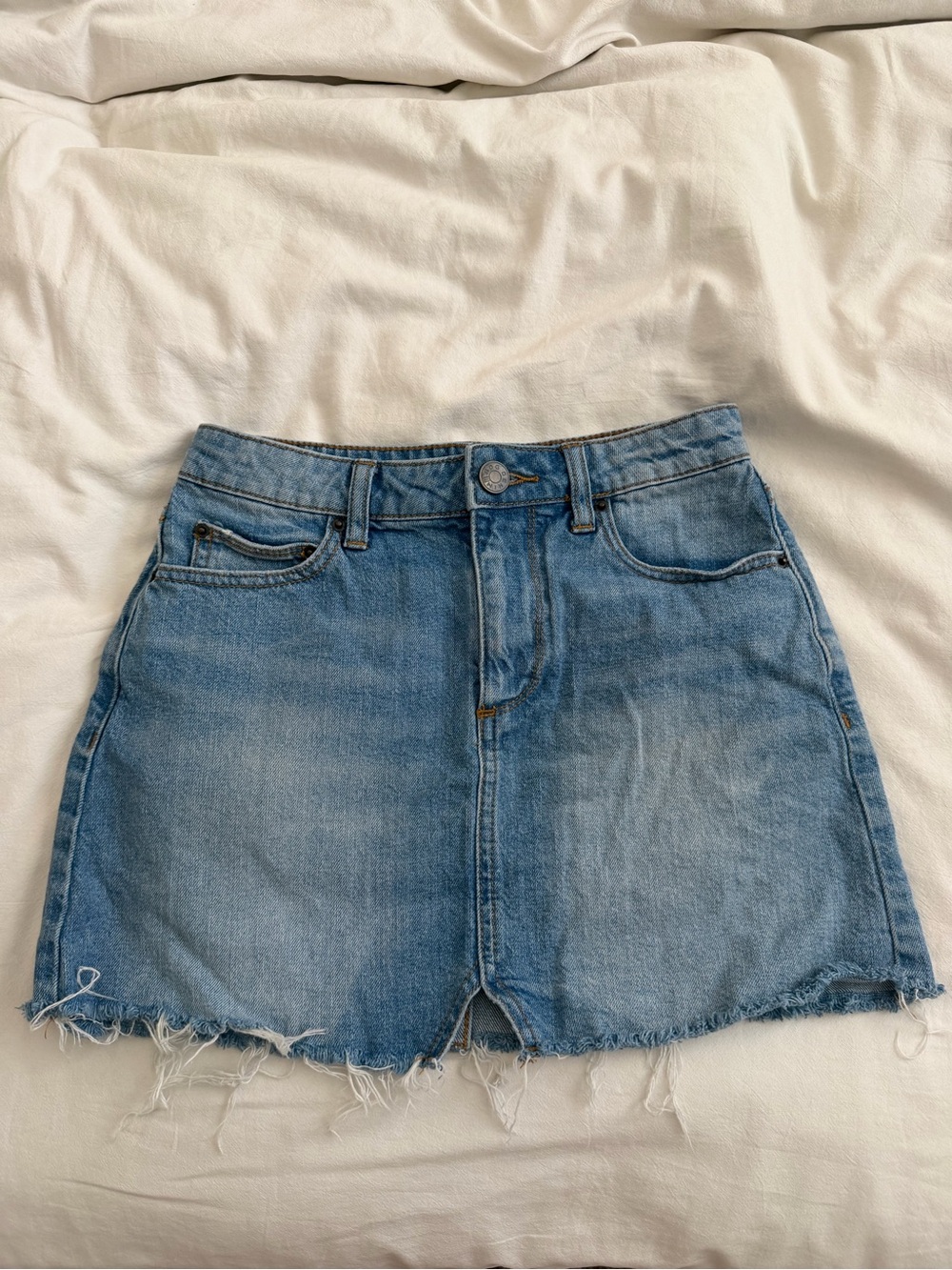 BDG Light Blue Denim Mini Skirt with Raw Hem